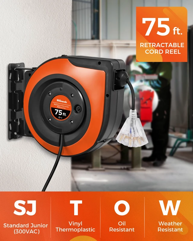 Alt view image 4 of 4 - Retractable Cord Reel, 75 FT Heavy Duty Extension Cord, 14AWG/3C SJTOW, 3 Grounded Outlets Lighted Triple Tap, 10A Circuit Breaker, Wall/Ceiling Mounted, UL Listed, Black B75CR06