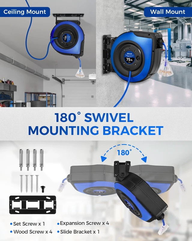 Alt view image 3 of 4 - Retractable Cord Reel, 75 FT Heavy Duty Extension Cord, 14AWG/3C SJTOW, 3 Grounded Outlets Lighted Triple Tap, 10A Circuit Breaker, Wall/Ceiling Mounted, UL Listed, Blue U75CR06