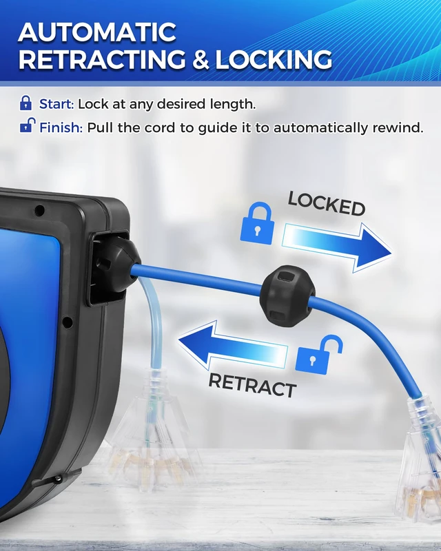 Alt view image 4 of 4 - Retractable Cord Reel, 75 FT Heavy Duty Extension Cord, 14AWG/3C SJTOW, 3 Grounded Outlets Lighted Triple Tap, 10A Circuit Breaker, Wall/Ceiling Mounted, UL Listed, Blue U75CR06