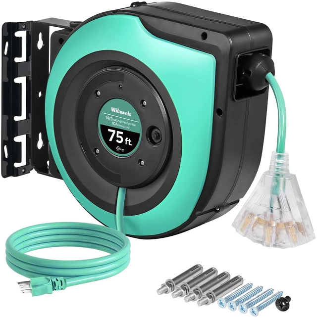 Main image of Retractable Cord Reel, 75 FT Heavy Duty Extension Cord, 14AWG/3C SJTOW, 3 Grounded Outlets Lighted Triple Tap, 10A Circuit Breaker, Wall/Ceiling Mounted, UL Listed, Light Green A75CR06