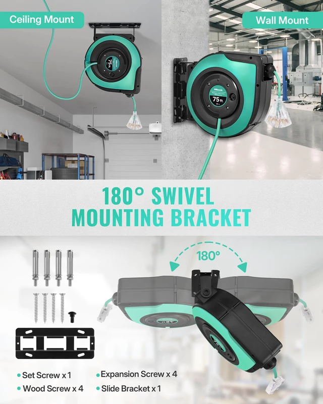 Alt view image 2 of 4 - Retractable Cord Reel, 75 FT Heavy Duty Extension Cord, 14AWG/3C SJTOW, 3 Grounded Outlets Lighted Triple Tap, 10A Circuit Breaker, Wall/Ceiling Mounted, UL Listed, Light Green A75CR06