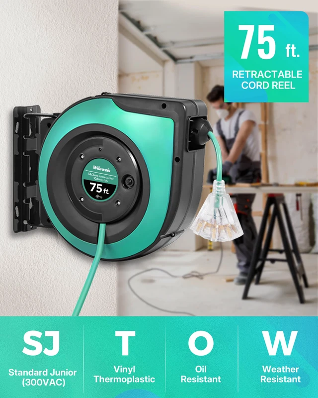 Alt view image 3 of 4 - Retractable Cord Reel, 75 FT Heavy Duty Extension Cord, 14AWG/3C SJTOW, 3 Grounded Outlets Lighted Triple Tap, 10A Circuit Breaker, Wall/Ceiling Mounted, UL Listed, Light Green A75CR06