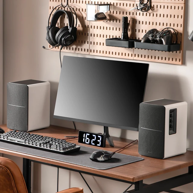 Alt view image 4 of 7 - R1280DB Powered Bluetooth Bookshelf Speakers - Optical Input - Wireless Studio Monitors - 4 Inch Near Field Speaker - 42w RMS - Wood Grain (White)
