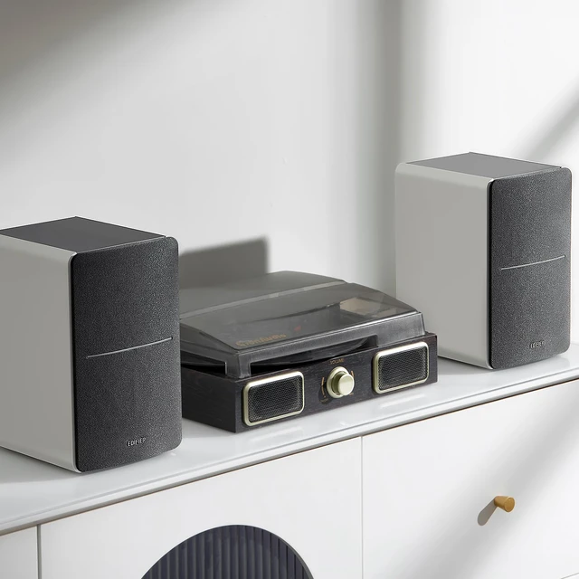 Alt view image 5 of 7 - R1280DB Powered Bluetooth Bookshelf Speakers - Optical Input - Wireless Studio Monitors - 4 Inch Near Field Speaker - 42w RMS - Wood Grain (White)