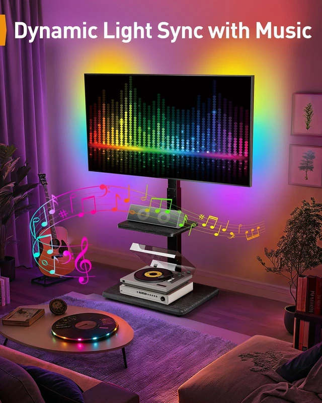 Alt view image 2 of 7 - Floor TV Stand with LED Lights for 34-75 inch TVs up to 110 lbs, Max VESA 600x400mm, Swivel, Tilt, 12 Height Levels, TV Backlights with Music Sync, Solid Wood Base, PGFS21B