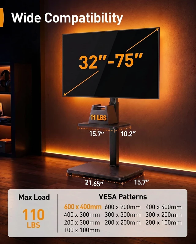 Alt view image 3 of 7 - Floor TV Stand with LED Lights for 34-75 inch TVs up to 110 lbs, Max VESA 600x400mm, Swivel, Tilt, 12 Height Levels, TV Backlights with Music Sync, Solid Wood Base, PGFS21B