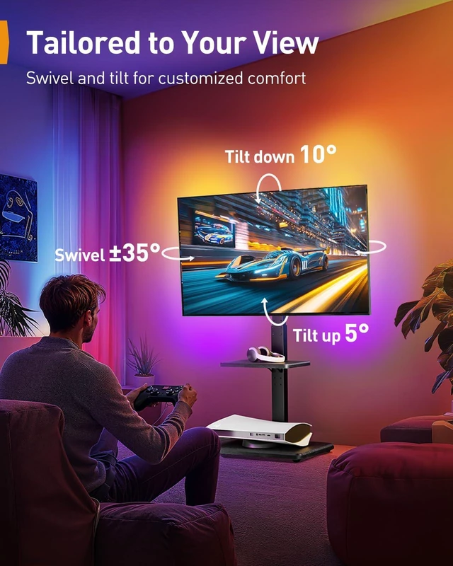 Alt view image 5 of 7 - Floor TV Stand with LED Lights for 34-75 inch TVs up to 110 lbs, Max VESA 600x400mm, Swivel, Tilt, 12 Height Levels, TV Backlights with Music Sync, Solid Wood Base, PGFS21B