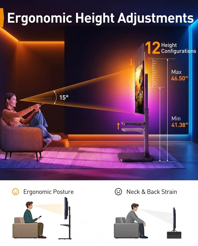 Alt view image 6 of 7 - Floor TV Stand with LED Lights for 34-75 inch TVs up to 110 lbs, Max VESA 600x400mm, Swivel, Tilt, 12 Height Levels, TV Backlights with Music Sync, Solid Wood Base, PGFS21B