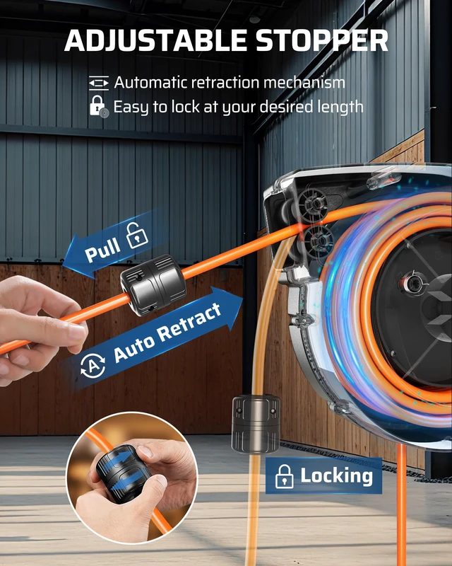 Alt view image 2 of 7 - Extension Cord Reel with Twist-lock Stopper, Power Retractable Cord Reel, Lightweight and Portable, Brighter Triple Tap Outlet, for Home Maintenance, Garages, Workshops, Orange
