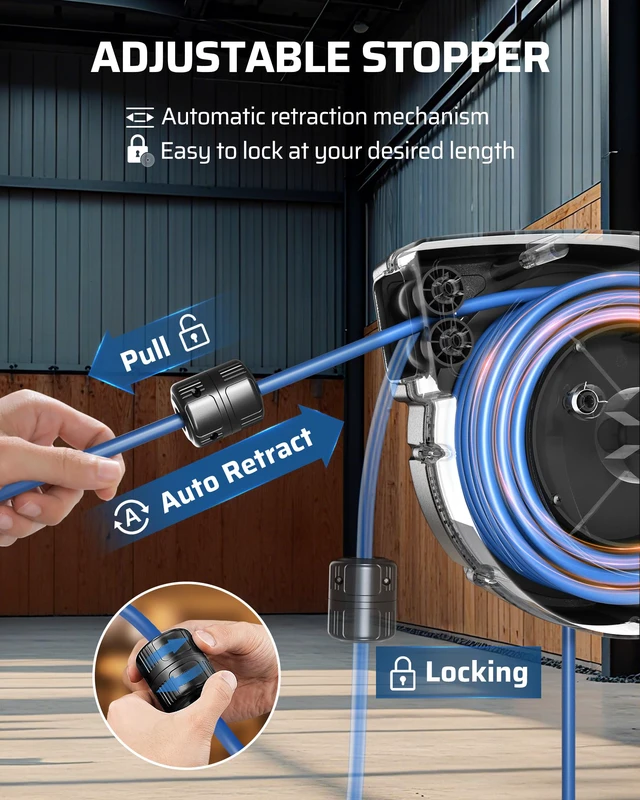 Alt view image 2 of 7 - Retractable Extension Cord Reel, 50 FT 14/3C SJTOW Heavy Duty Power Cord with Lighted Triple Tap Outlet, 180° Swivel Bracket for Ceiling/Wall Mount, 13A Circuit Breaker, ETL Listed, Blue