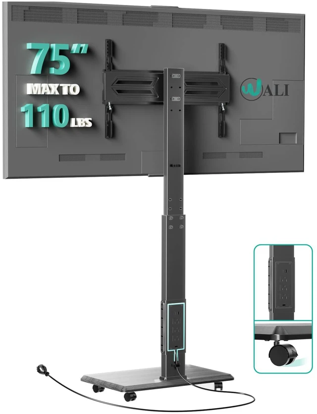 Main image of Rolling TV Stand with Power Outlet, Mobile Tall TV Stand Mount on Wheels for 39-75 inch TV up to 110 lbs, Swivel Height Adjustable TV Cart with Wood Base for Bedroom(TVDVD-7PR), Black