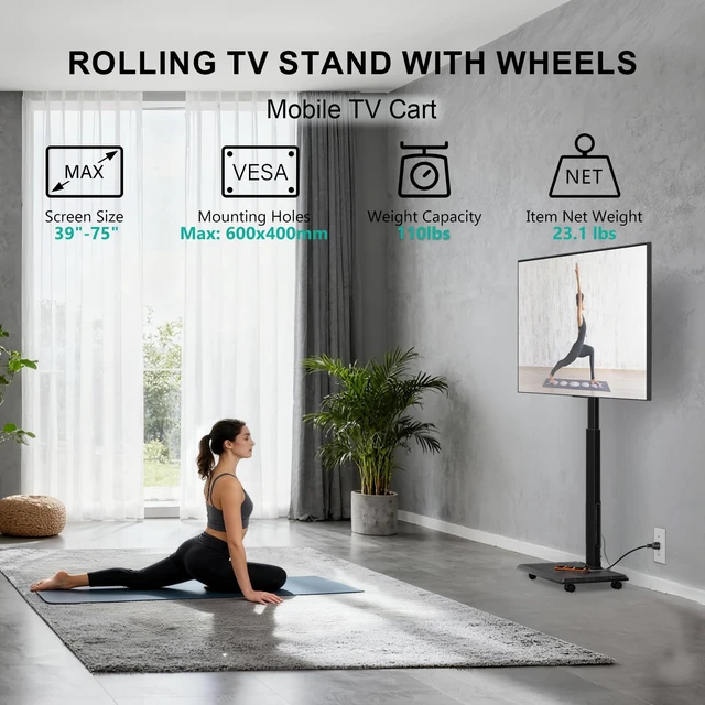 Alt view image 2 of 7 - Rolling TV Stand with Power Outlet, Mobile Tall TV Stand Mount on Wheels for 39-75 inch TV up to 110 lbs, Swivel Height Adjustable TV Cart with Wood Base for Bedroom(TVDVD-7PR), Black