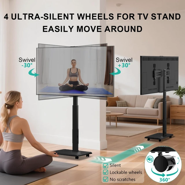Alt view image 3 of 7 - Rolling TV Stand with Power Outlet, Mobile Tall TV Stand Mount on Wheels for 39-75 inch TV up to 110 lbs, Swivel Height Adjustable TV Cart with Wood Base for Bedroom(TVDVD-7PR), Black
