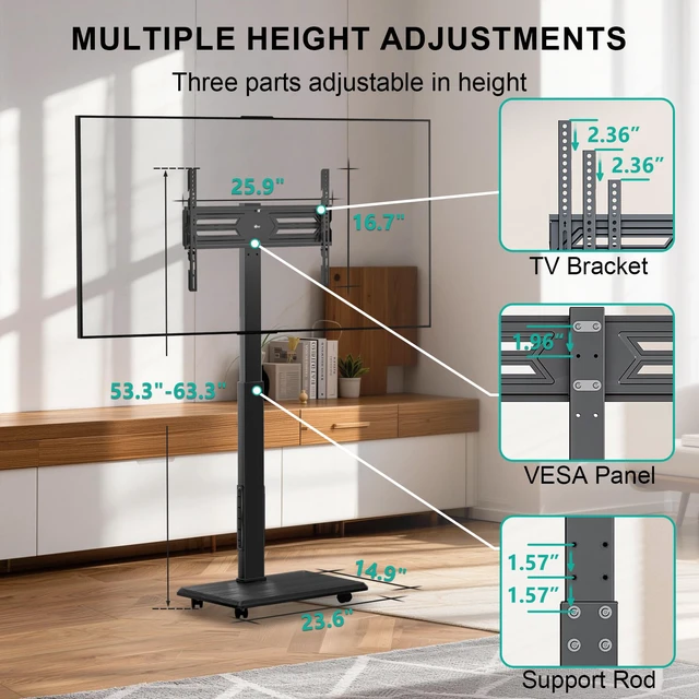 Alt view image 4 of 7 - Rolling TV Stand with Power Outlet, Mobile Tall TV Stand Mount on Wheels for 39-75 inch TV up to 110 lbs, Swivel Height Adjustable TV Cart with Wood Base for Bedroom(TVDVD-7PR), Black