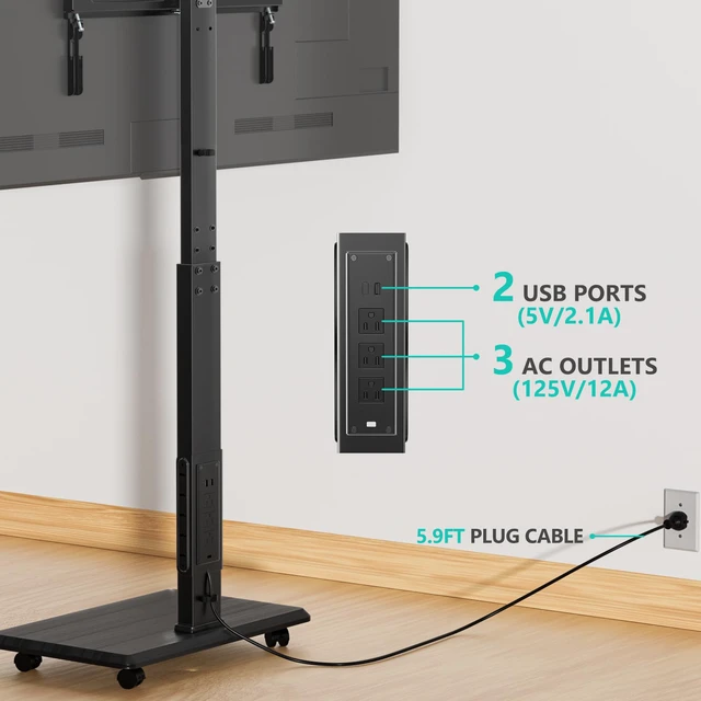 Alt view image 5 of 7 - Rolling TV Stand with Power Outlet, Mobile Tall TV Stand Mount on Wheels for 39-75 inch TV up to 110 lbs, Swivel Height Adjustable TV Cart with Wood Base for Bedroom(TVDVD-7PR), Black