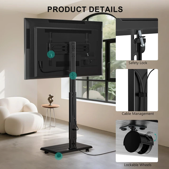 Alt view image 6 of 7 - Rolling TV Stand with Power Outlet, Mobile Tall TV Stand Mount on Wheels for 39-75 inch TV up to 110 lbs, Swivel Height Adjustable TV Cart with Wood Base for Bedroom(TVDVD-7PR), Black