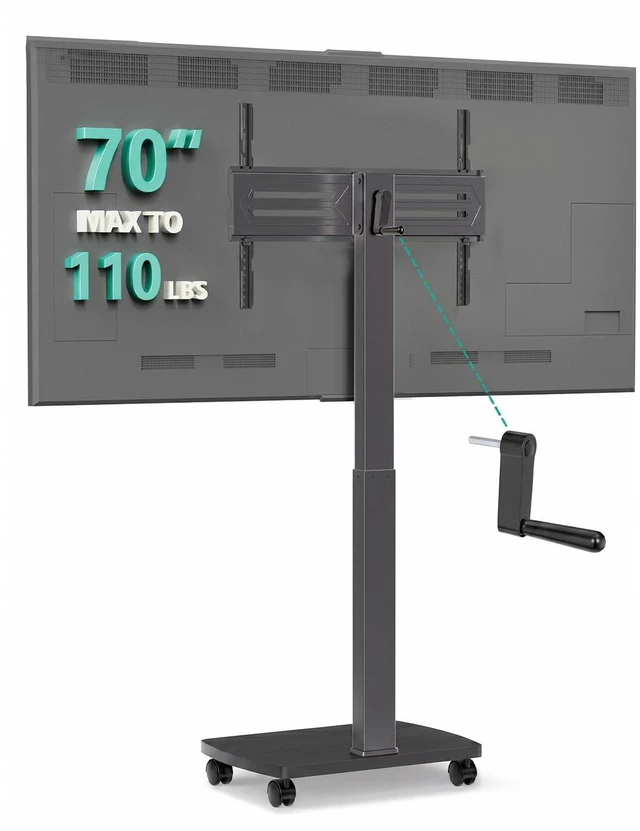 Main image of Rolling TV Stand with Hand Crank Lift, Mobile Tall Television Stand Mount on Wheels for 30-70 TVs up to 110 lbs, Swivel Height Adjustable TV Cart with Wood Base for Bedroom(TVDVD-7MR), Black