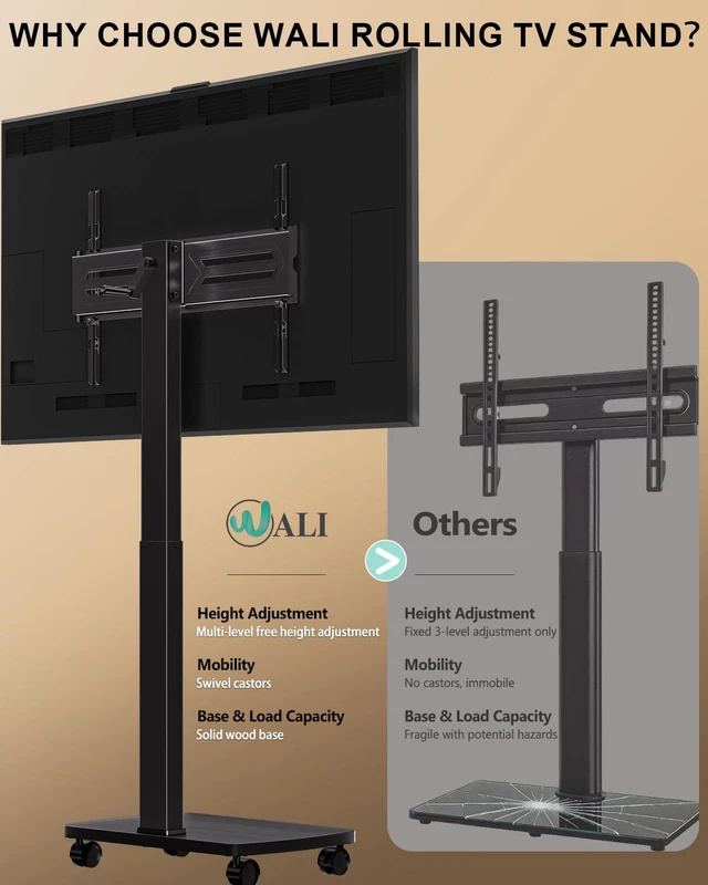 Alt view image 4 of 7 - Rolling TV Stand with Hand Crank Lift, Mobile Tall Television Stand Mount on Wheels for 30-70 TVs up to 110 lbs, Swivel Height Adjustable TV Cart with Wood Base for Bedroom(TVDVD-7MR), Black