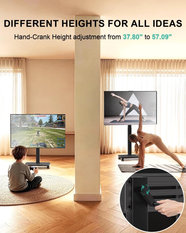 Alt view image 3 of 7 - Rolling TV Stand with Hand Crank Lift, Mobile Tall Television Stand Mount on Wheels for 30-70 TVs up to 110 lbs, Swivel Height Adjustable TV Cart with Wood Base for Bedroom(TVDVD-7MR), Black