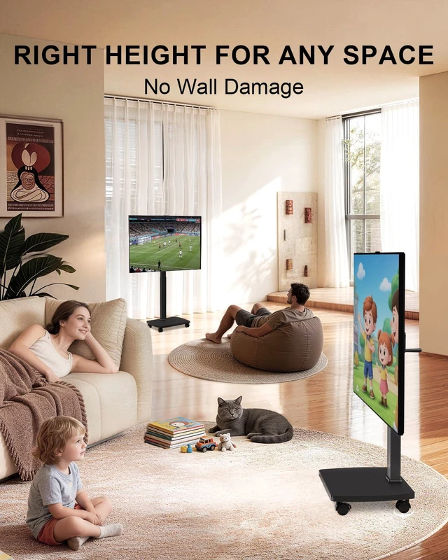 Alt view image 2 of 7 - Rolling TV Stand with Hand Crank Lift, Mobile Tall Television Stand Mount on Wheels for 30-70 TVs up to 110 lbs, Swivel Height Adjustable TV Cart with Wood Base for Bedroom(TVDVD-7MR), Black