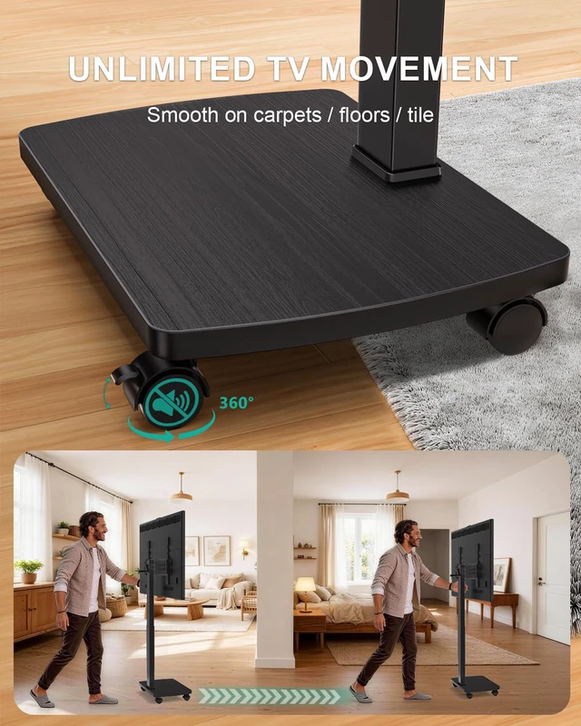 Alt view image 5 of 7 - Rolling TV Stand with Hand Crank Lift, Mobile Tall Television Stand Mount on Wheels for 30-70 TVs up to 110 lbs, Swivel Height Adjustable TV Cart with Wood Base for Bedroom(TVDVD-7MR), Black