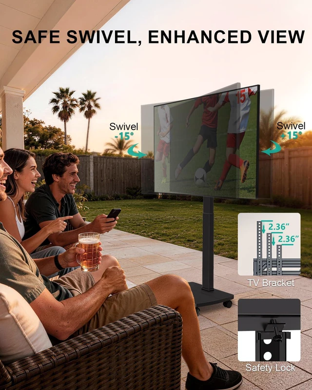Alt view image 6 of 7 - Rolling TV Stand with Hand Crank Lift, Mobile Tall Television Stand Mount on Wheels for 30-70 TVs up to 110 lbs, Swivel Height Adjustable TV Cart with Wood Base for Bedroom(TVDVD-7MR), Black