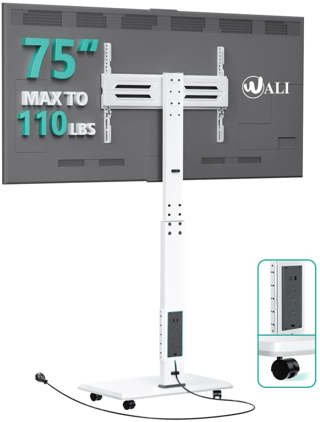 Main image of Rolling TV Stand with Power Outlet, Mobile Tall TV Stand Mount on Wheels for 39-75 inch TV up to 110 lbs, Swivel Height Adjustable TV Cart with Wood Base for Bedroom(TVDVD-7PRW), White