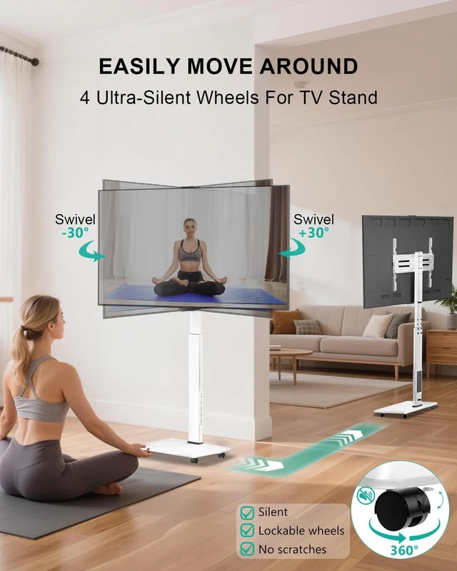 Alt view image 3 of 7 - Rolling TV Stand with Power Outlet, Mobile Tall TV Stand Mount on Wheels for 39-75 inch TV up to 110 lbs, Swivel Height Adjustable TV Cart with Wood Base for Bedroom(TVDVD-7PRW), White