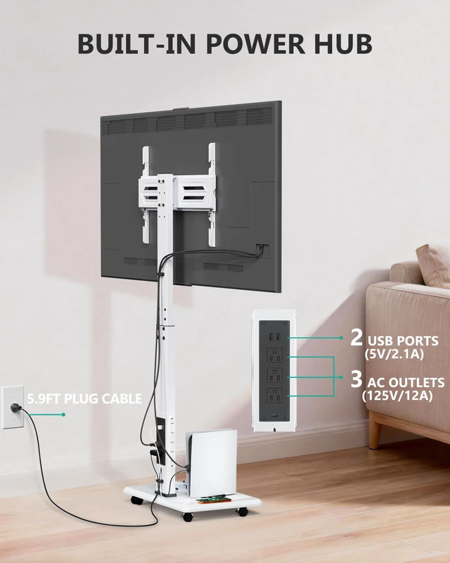 Alt view image 4 of 7 - Rolling TV Stand with Power Outlet, Mobile Tall TV Stand Mount on Wheels for 39-75 inch TV up to 110 lbs, Swivel Height Adjustable TV Cart with Wood Base for Bedroom(TVDVD-7PRW), White