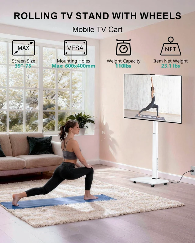 Alt view image 2 of 7 - Rolling TV Stand with Power Outlet, Mobile Tall TV Stand Mount on Wheels for 39-75 inch TV up to 110 lbs, Swivel Height Adjustable TV Cart with Wood Base for Bedroom(TVDVD-7PRW), White