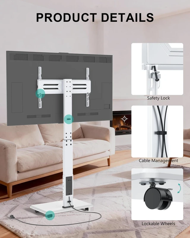 Alt view image 5 of 7 - Rolling TV Stand with Power Outlet, Mobile Tall TV Stand Mount on Wheels for 39-75 inch TV up to 110 lbs, Swivel Height Adjustable TV Cart with Wood Base for Bedroom(TVDVD-7PRW), White