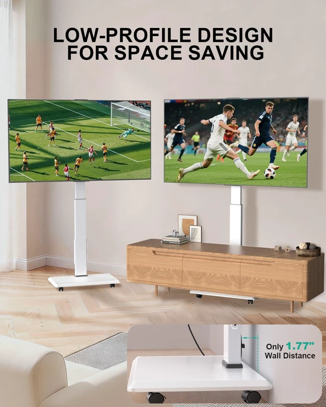 Alt view image 6 of 7 - Rolling TV Stand with Power Outlet, Mobile Tall TV Stand Mount on Wheels for 39-75 inch TV up to 110 lbs, Swivel Height Adjustable TV Cart with Wood Base for Bedroom(TVDVD-7PRW), White