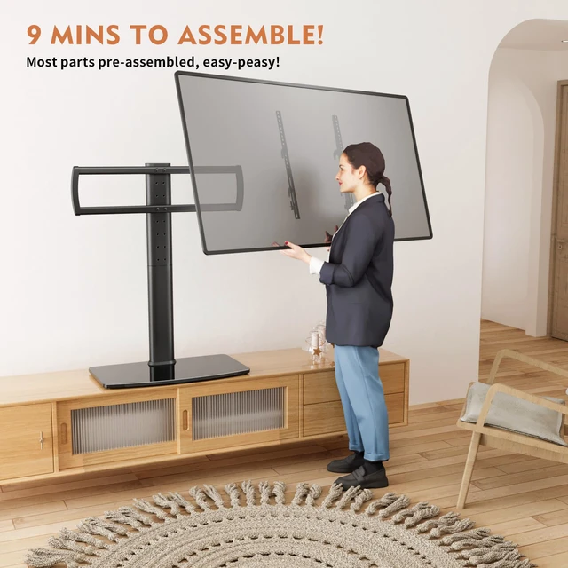 Alt view image 5 of 7 - Universal Swivel TV Stand/Base Table Top Stand 40 to 86 inch TVs 110 Degree Swivel, 5 Level Height Adjustable, Heavy Duty Tempered Glass Base, Holds up 132lbs Screens, HT04B-003