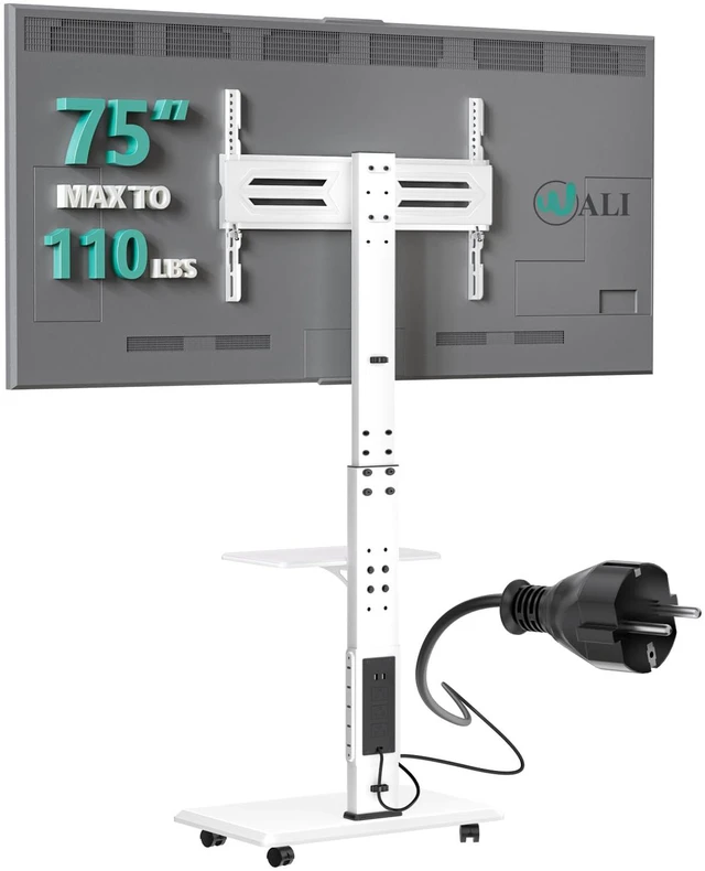 Main image of Rolling TV Stand with Power Outlet & AV Shelf, Mobile Tall TV Stand Mount on Wheels for 34-75 inch TV up to 110 lbs, Swivel Height Adjustable TV Cart with Wood Base for Bedroom(TVDVD-6PRW), White