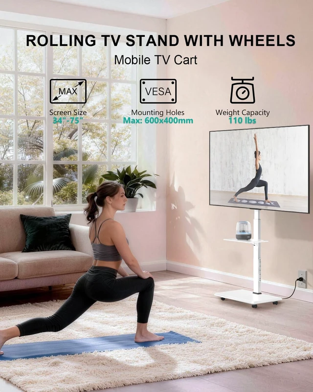 Alt view image 2 of 7 - Rolling TV Stand with Power Outlet & AV Shelf, Mobile Tall TV Stand Mount on Wheels for 34-75 inch TV up to 110 lbs, Swivel Height Adjustable TV Cart with Wood Base for Bedroom(TVDVD-6PRW), White