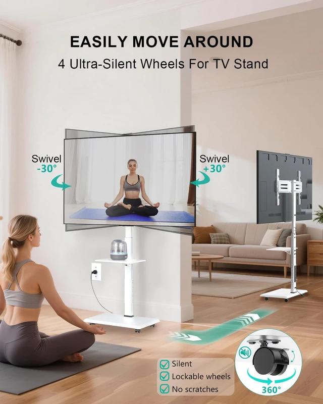 Alt view image 4 of 7 - Rolling TV Stand with Power Outlet & AV Shelf, Mobile Tall TV Stand Mount on Wheels for 34-75 inch TV up to 110 lbs, Swivel Height Adjustable TV Cart with Wood Base for Bedroom(TVDVD-6PRW), White