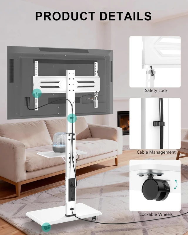Alt view image 6 of 7 - Rolling TV Stand with Power Outlet & AV Shelf, Mobile Tall TV Stand Mount on Wheels for 34-75 inch TV up to 110 lbs, Swivel Height Adjustable TV Cart with Wood Base for Bedroom(TVDVD-6PRW), White