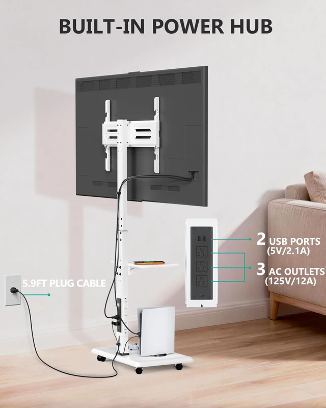 Alt view image 5 of 7 - Rolling TV Stand with Power Outlet & AV Shelf, Mobile Tall TV Stand Mount on Wheels for 34-75 inch TV up to 110 lbs, Swivel Height Adjustable TV Cart with Wood Base for Bedroom(TVDVD-6PRW), White