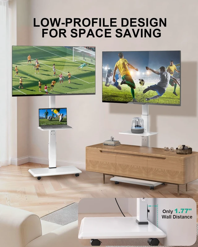 Alt view image 7 of 7 - Rolling TV Stand with Power Outlet & AV Shelf, Mobile Tall TV Stand Mount on Wheels for 34-75 inch TV up to 110 lbs, Swivel Height Adjustable TV Cart with Wood Base for Bedroom(TVDVD-6PRW), White