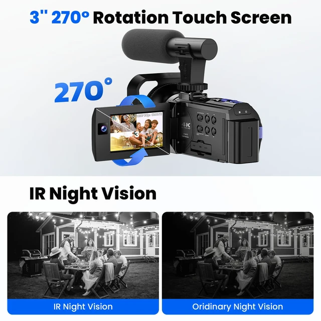 Alt view image 3 of 6 - Camcorder Video Camera 5K 56MP - Dual Lens Vlogging Camera for YouTube with Night Vision 16X Digital Zoom 3" 270° Flip Touchscreen, 64GB Card, Microphone, Remote - Video Recorder for Content Creators