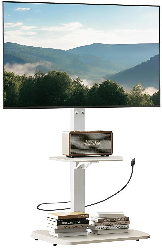 Main image of Floor TV Stand with Power Outlet, Universal TV Stand for 32-75 inch TVs up to 110 lbs, Tall TV Mount for Bedroom with Shelf, Wood Base, Height Adjustable, Max VESA 600x400mm, White, PGFS06W