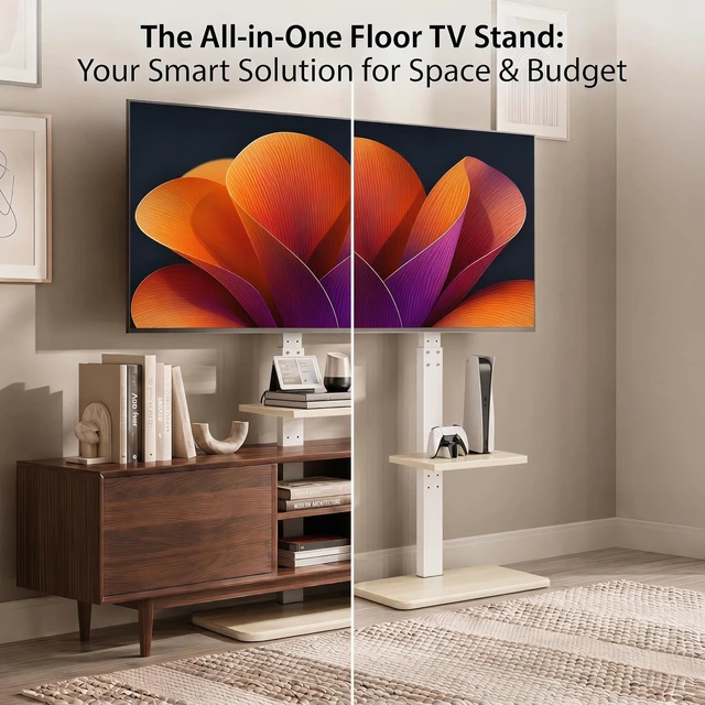 Alt view image 6 of 7 - Floor TV Stand with Power Outlet, Universal TV Stand for 32-75 inch TVs up to 110 lbs, Tall TV Mount for Bedroom with Shelf, Wood Base, Height Adjustable, Max VESA 600x400mm, White, PGFS06W