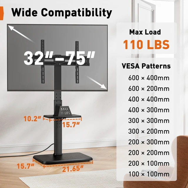 Alt view image 2 of 7 - Floor TV Stand with Power Outlet, Universal TV Stand for 32-75 inch TVs up to 110 lbs, Height Adjustable Standing TV Mount, Tall TV Mount with Wood Base, Max VESA 600x400mm, PGFS06