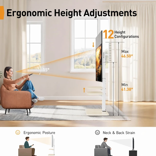 Alt view image 5 of 7 - Floor TV Stand with Power Outlet, Universal TV Stand for 32-75 inch TVs up to 110 lbs, Tall TV Mount for Bedroom with Shelf, Wood Base, Height Adjustable, Max VESA 600x400mm, White, PGFS06W