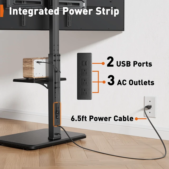 Alt view image 3 of 7 - Floor TV Stand with Power Outlet, Universal TV Stand for 32-75 inch TVs up to 110 lbs, Height Adjustable Standing TV Mount, Tall TV Mount with Wood Base, Max VESA 600x400mm, PGFS06