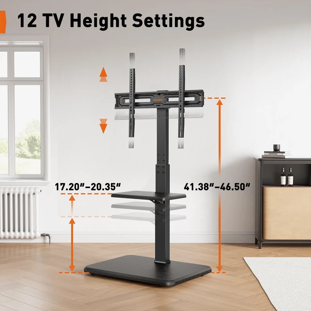 Alt view image 5 of 7 - Floor TV Stand with Power Outlet, Universal TV Stand for 32-75 inch TVs up to 110 lbs, Height Adjustable Standing TV Mount, Tall TV Mount with Wood Base, Max VESA 600x400mm, PGFS06
