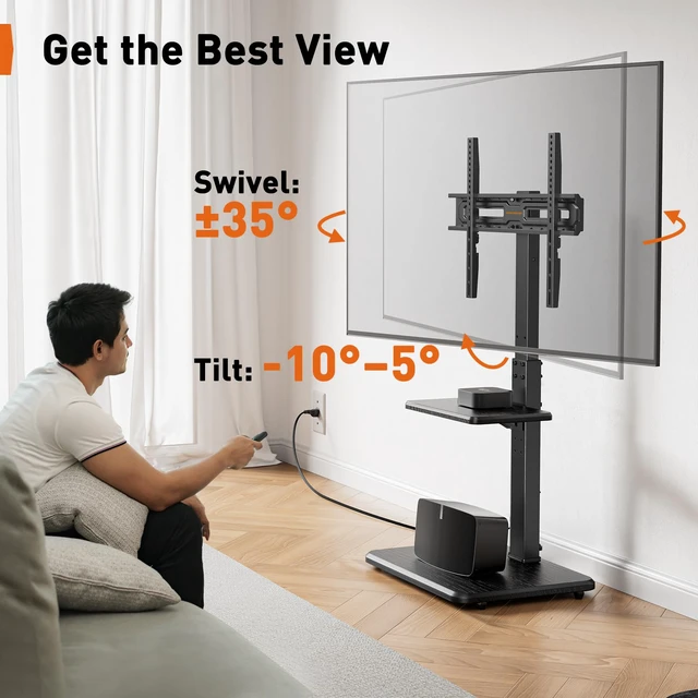 Alt view image 4 of 7 - Floor TV Stand with Power Outlet, Universal TV Stand for 32-75 inch TVs up to 110 lbs, Height Adjustable Standing TV Mount, Tall TV Mount with Wood Base, Max VESA 600x400mm, PGFS06