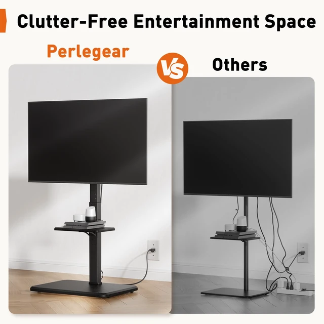 Alt view image 6 of 7 - Floor TV Stand with Power Outlet, Universal TV Stand for 32-75 inch TVs up to 110 lbs, Height Adjustable Standing TV Mount, Tall TV Mount with Wood Base, Max VESA 600x400mm, PGFS06