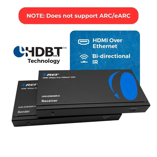 Alt view image 2 of 7 - 4K HDMI over Ethernet Extender Balun - HDBaseT UltraHD 4K @ 60Hz 4:4:4 CAT5e/6/7 Cable with HDR, CEC & IR Control, RS-232 Up to 400 Ft Loop Out POC Audio Out (UHD-EXB400R-K)
