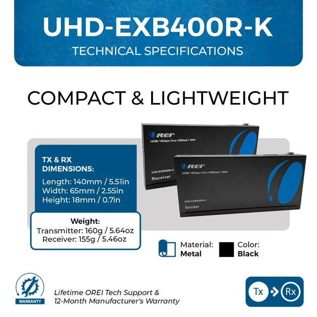 Alt view image 5 of 7 - 4K HDMI over Ethernet Extender Balun - HDBaseT UltraHD 4K @ 60Hz 4:4:4 CAT5e/6/7 Cable with HDR, CEC & IR Control, RS-232 Up to 400 Ft Loop Out POC Audio Out (UHD-EXB400R-K)
